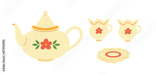  Illustration of ceramic tea set. Tea cup, teapot and saucer.