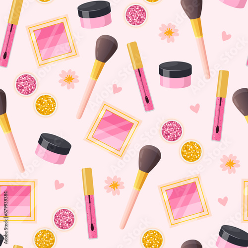 Vector seamless pattern with make up elements includes brushes,lip gloss etc.
