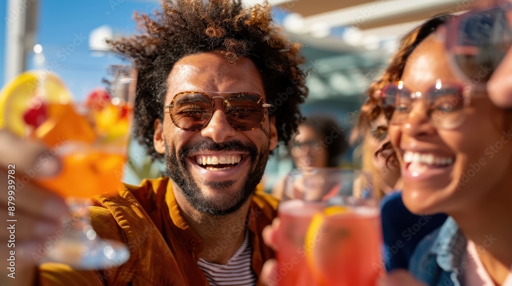 Friends joyously toast with drinks at a bright beach gathering. Their smiling faces and sunlit surroundings convey a sense of happiness and community. Friends joyously toast with drinks at a bright beach gathering. Their smiling faces and sunlit surroundings convey a sense of happiness and community.