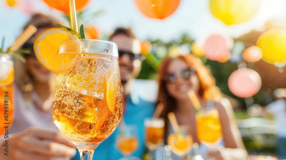Fototapeta premium Refreshing cocktails adorned with garnishes, thoughtfully captured during an outdoor event. The image showcases the vibrant and festive atmosphere.