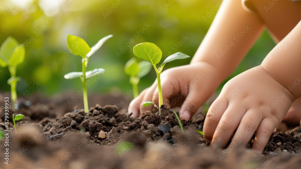 The image captures the moment small hands are gently planting green sprouts into fresh soil, symbolizing growth, nurturing, and the beginning of life in nature.