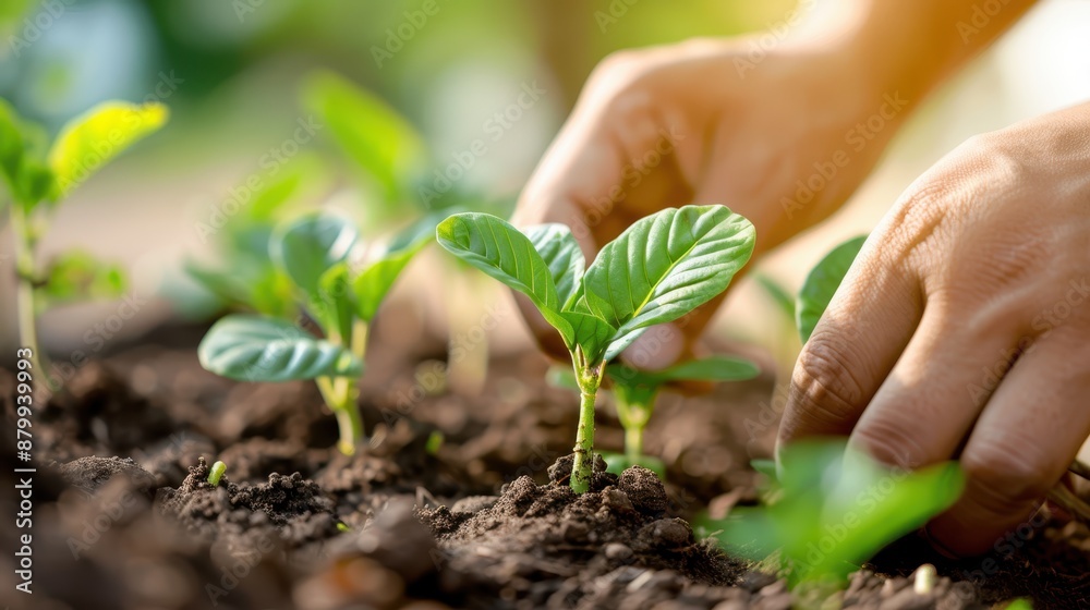 An adult is seen planting young plants into rich, fertile soil, symbolizing growth, connection to nature, and the importance of nurturing the environment and future. An adult is seen planting young plants into rich, fertile soil, symbolizing growth, connection to nature, and the importance of nurturing the environment and future.