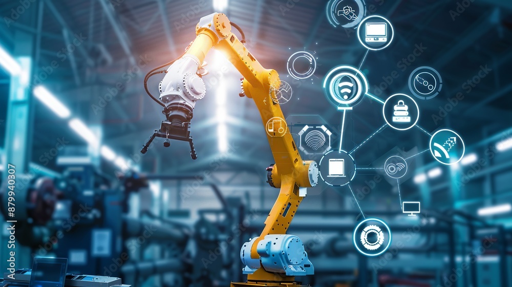 Fototapeta premium Smart factories use 5G technology to automate tasks with robots and vehicles that move materials around.