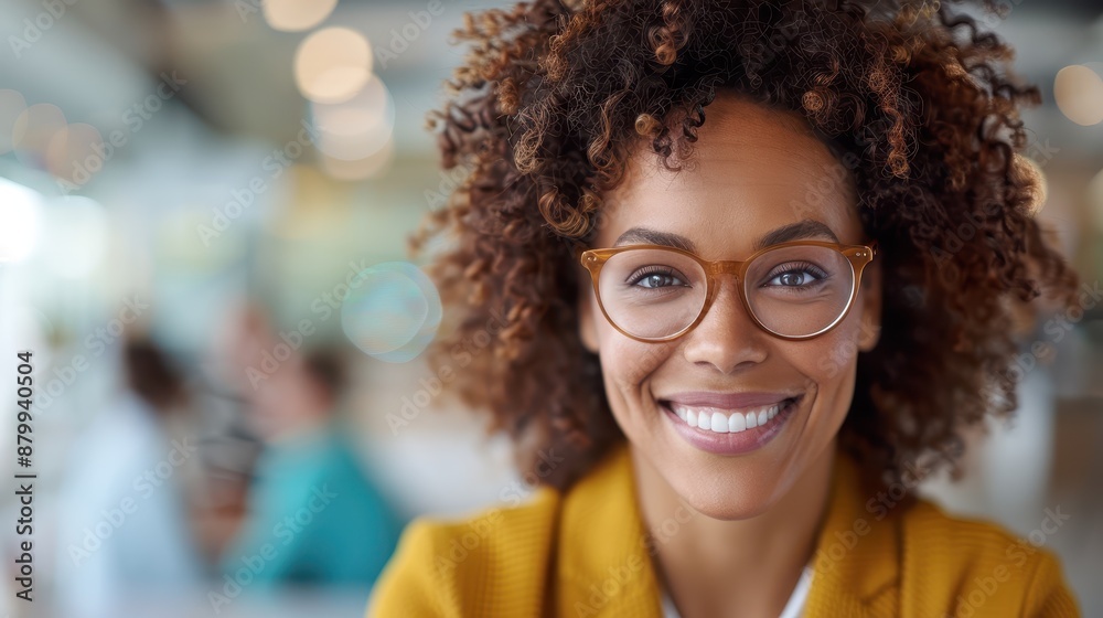 A woman with an infectious smile and curly hair, wearing glasses, poses in a brightly lit indoor environment, radiating warmth and friendliness with every aspect of her being. A woman with an infectious smile and curly hair, wearing glasses, poses in a brightly lit indoor environment, radiating warmth and friendliness with every aspect of her being.