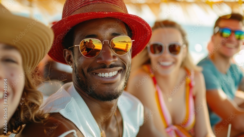 A man in a red hat smiles at the camera while enjoying a beach day with friends, illustrating joy, friendship, and the carefree nature of spending time together by the sea. A man in a red hat smiles at the camera while enjoying a beach day with friends, illustrating joy, friendship, and the carefree nature of spending time together by the sea.