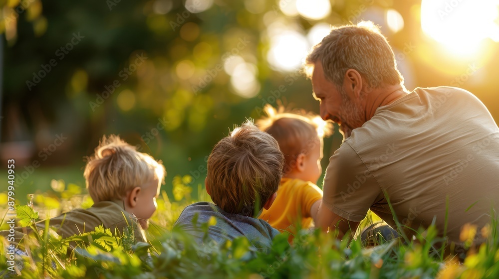 A man and three young children enjoying the serene meadow during sunset, surrounded by nature's beauty with sunbeams shining through, creating a peaceful atmosphere. A man and three young children enjoying the serene meadow during sunset, surrounded by nature's beauty with sunbeams shining through, creating a peaceful atmosphere.