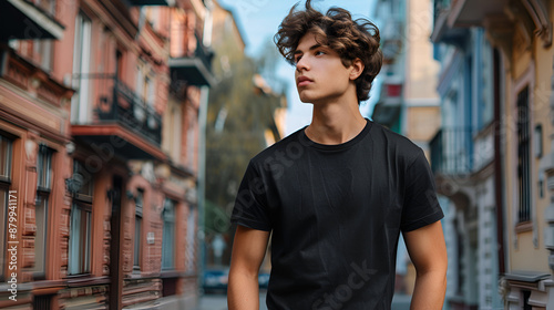 Boy model mockup wearing a black t-shirt at a young age