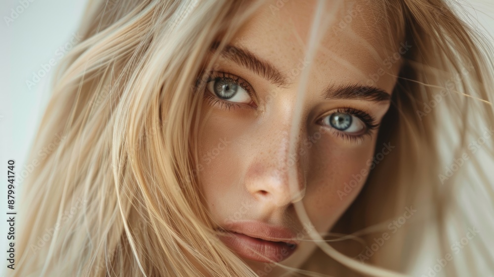 Studio portrait of blonde woman with natural skincare, hair care, and aesthetic wellness. The face, female model, cosmetic dermatology, salon shampoo, and healthy shine Studio portrait of blonde woman with natural skincare, hair care, and aesthetic wellness. The face, female model, cosmetic dermatology, salon shampoo, and healthy shine