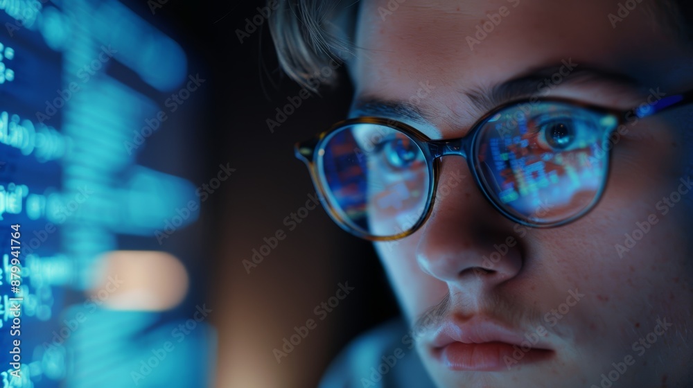 Programming hologram and man in data analytics, IT overlay, or html at night. Programmer or IT worker in glasses reading website script, cybersecurity research Programming hologram and man in data analytics, IT overlay, or html at night. Programmer or IT worker in glasses reading website script, cybersecurity research