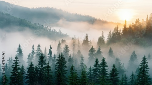 A tranquil misty sunrise envelops a dense forest of tall evergreen trees, exuding a sense of serenity and beauty in nature's untouched splendor on a peaceful morning.