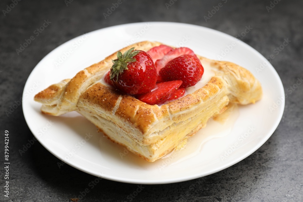 Tasty puff pastry with strawberries on grey table, closeup Tasty puff pastry with strawberries on grey table, closeup