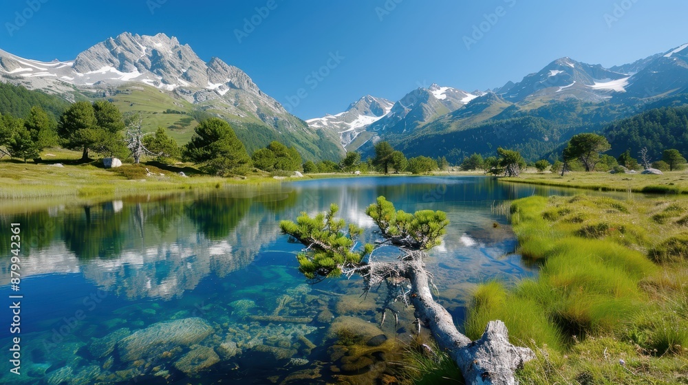 Crystal clear alpine lake surrounded by lush flora and a range of snowy mountains, reflecting the serene and untouched beauty of nature under a bright blue sky. Crystal clear alpine lake surrounded by lush flora and a range of snowy mountains, reflecting the serene and untouched beauty of nature under a bright blue sky.