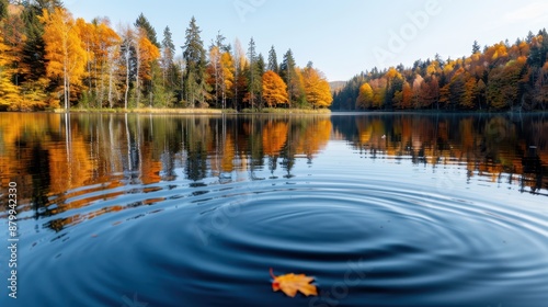 A solitary autumn leaf creating gentle ripples as it floats on a serene lake, surrounded by a forest with trees showcasing vibrant autumn colors and reflecting on the water. photo