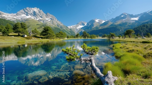 Crystal clear alpine lake surrounded by lush flora and a range of snowy mountains, reflecting the serene and untouched beauty of nature under a bright blue sky.