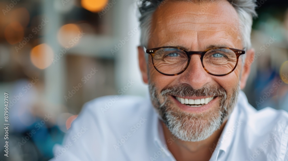 A man with dark-rimmed glasses and a light beard is smiling confidently outdoors, framed by a city backdrop with vibrant, blurred lights in the background. A man with dark-rimmed glasses and a light beard is smiling confidently outdoors, framed by a city backdrop with vibrant, blurred lights in the background.