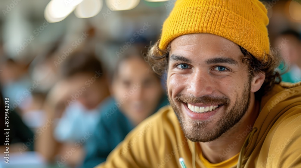 A cheerful young man in a yellow beanie is smiling warmly while sitting indoors, surrounded by an energetic background with people and lights. A cheerful young man in a yellow beanie is smiling warmly while sitting indoors, surrounded by an energetic background with people and lights.