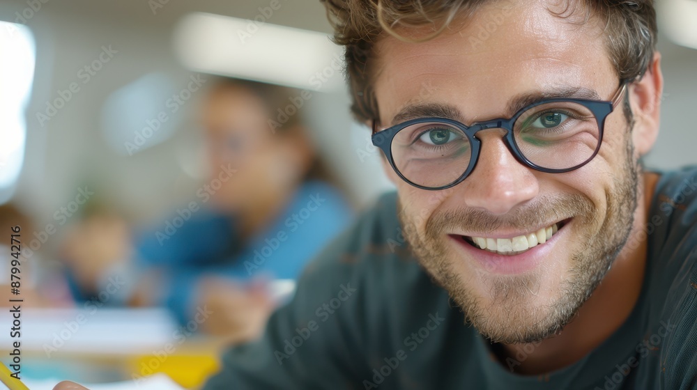 A young man with glasses smiles warmly at the camera, set in a busy classroom environment, illustrating his friendly and engaging demeanor. A young man with glasses smiles warmly at the camera, set in a busy classroom environment, illustrating his friendly and engaging demeanor.