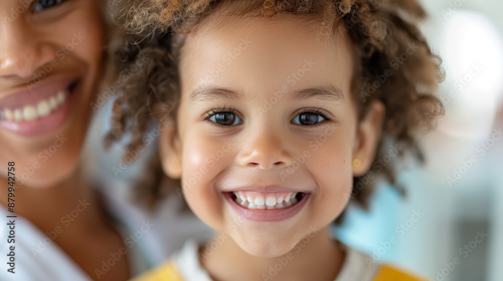 A young girl with curly hair and bright wide smile stands in focus, showing four of her teeth. She is cheerful, radiating joy and happiness, with a brightly lit background. A young girl with curly hair and bright wide smile stands in focus, showing four of her teeth. She is cheerful, radiating joy and happiness, with a brightly lit background.