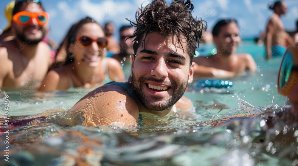 A person is in the foreground, smiling widely while swimming in the ocean, surrounded by friends enjoying a lively day in the water under the bright sun. A person is in the foreground, smiling widely while swimming in the ocean, surrounded by friends enjoying a lively day in the water under the bright sun.