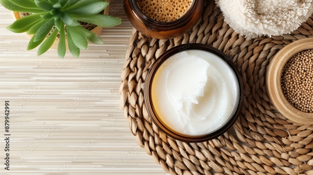 A jar of moisturizing cream accompanied by natural elements like a succulent plant, a wicker mat, and seeds, offering a calming skincare setting. A jar of moisturizing cream accompanied by natural elements like a succulent plant, a wicker mat, and seeds, offering a calming skincare setting.