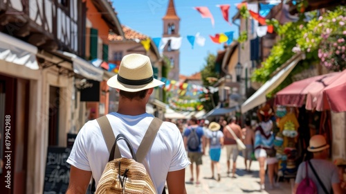 A man with a backpack and hat walks down a lively street adorned with colorful decorations and flags, surrounded by shops, tourists, and a distant church tower under a clear blue sky. photo