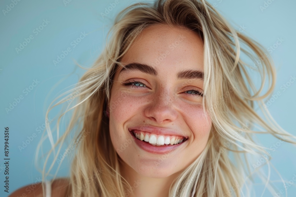 Fototapeta premium A healthy, joyful blonde woman with hair care, makeup, and a grey studio background. Young model with beauty, gloss, and clean hair from hairdresser