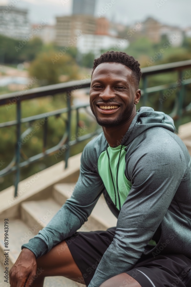 Black man resting during marathon training in Miami, Florida. Runner or healthy athlete resting, reflecting about body goals, inspiration, or vision Black man resting during marathon training in Miami, Florida. Runner or healthy athlete resting, reflecting about body goals, inspiration, or vision