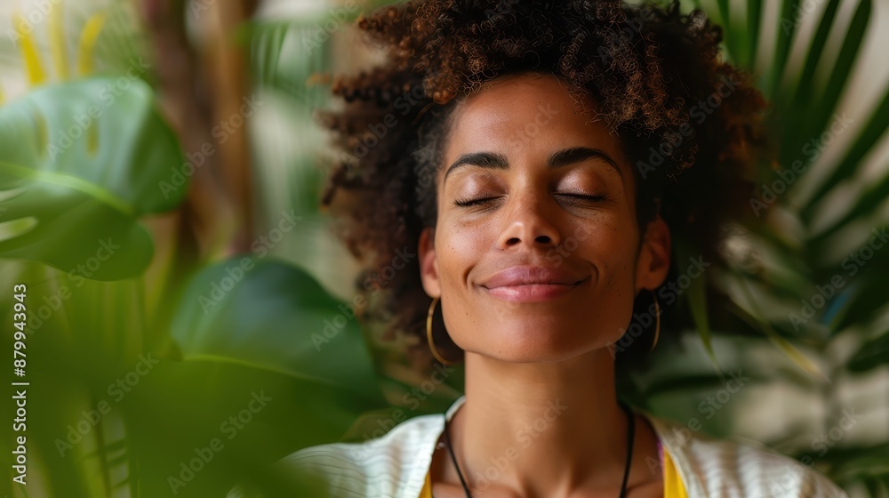 A serene woman with closed eyes meditates indoors, surrounded by lush green plants, capturing mindfulness, tranquility, and peaceful inner contemplation. A serene woman with closed eyes meditates indoors, surrounded by lush green plants, capturing mindfulness, tranquility, and peaceful inner contemplation.