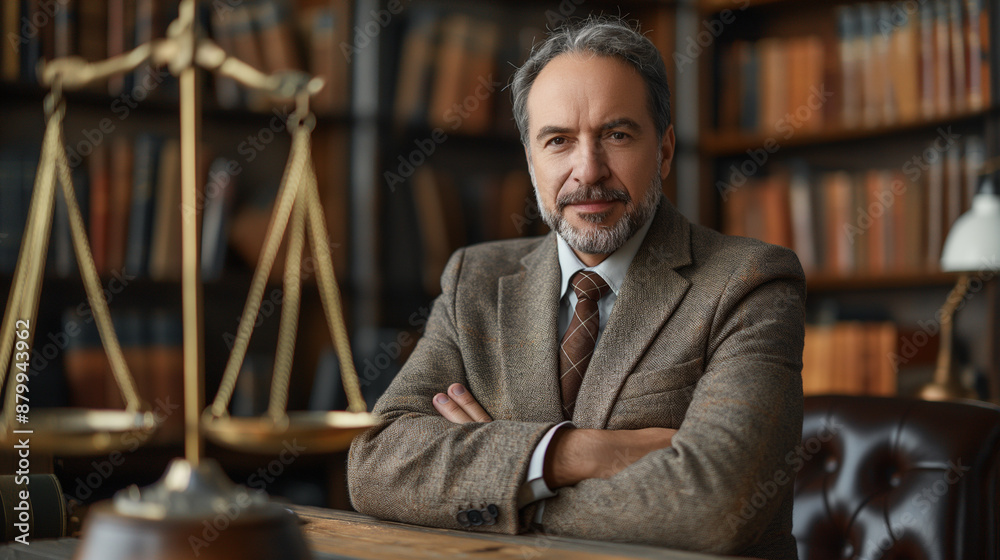 Portrait of a Lawyer wearing suit , working in the office , scales on the desk Portrait of a Lawyer wearing suit , working in the office , scales on the desk