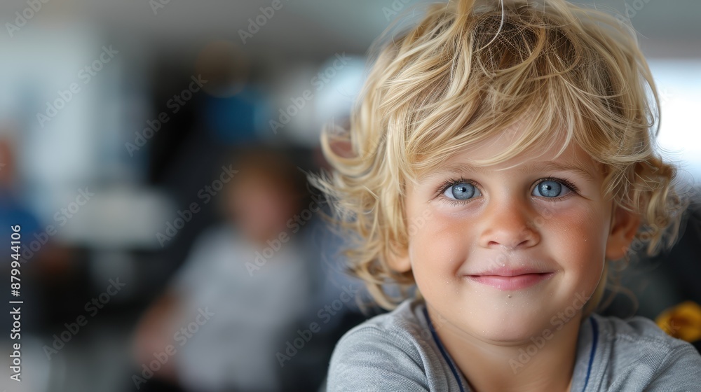 A young boy with curly blonde hair and bright eyes smiles with excitement in an airport terminal, showcasing his eager anticipation for the upcoming travel journey. A young boy with curly blonde hair and bright eyes smiles with excitement in an airport terminal, showcasing his eager anticipation for the upcoming travel journey.