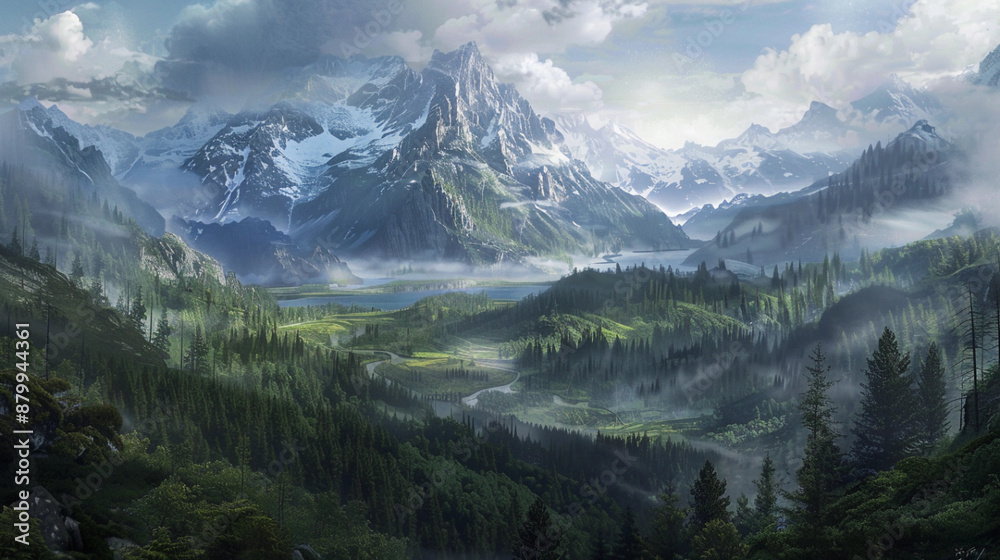 Obraz premium Mountain and valley with river landscape art background wallpaper