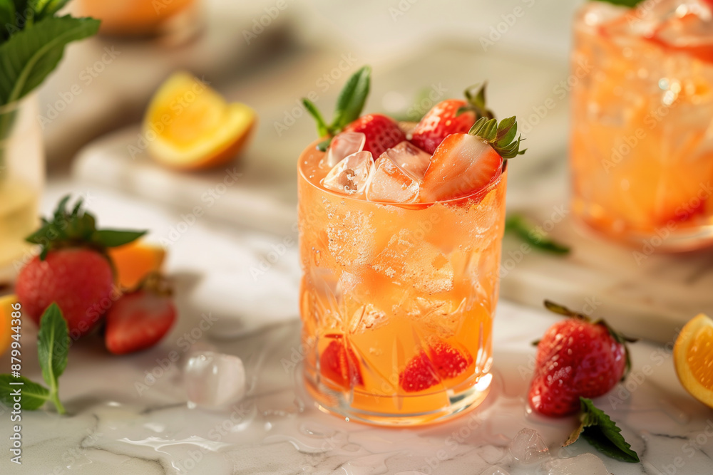 A photo of a strawberry cocktail with orange juice and ice cubes in it, placed on a marble table, decorated with strawberries around the glass, with an isolated background.