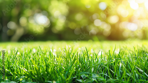 Close up on freshly cut grass with blurred sun in background with room for copy text