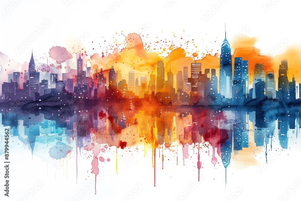 Fototapeta premium Watercolor Cityscape with Reflection