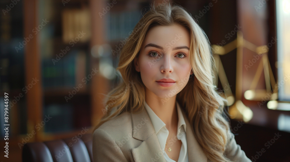 Portrait of young female Lawyer working in the office , on the desk scales Portrait of young female Lawyer working in the office , on the desk scales