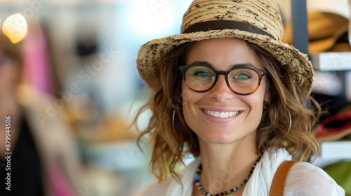 A cheerful image of a smiling woman wearing glasses and a straw hat, captured in a store, radiating joy and positivity. She wears casual attire with a beaded necklace.