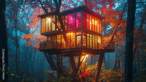 Treehouse with glowing windows in a mystical forest