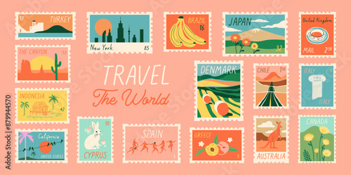 Vintage world travel post card stamp illustration. Retro style international country landscape postage sticker, famous landmark mail postmark, tourism city view postal label.