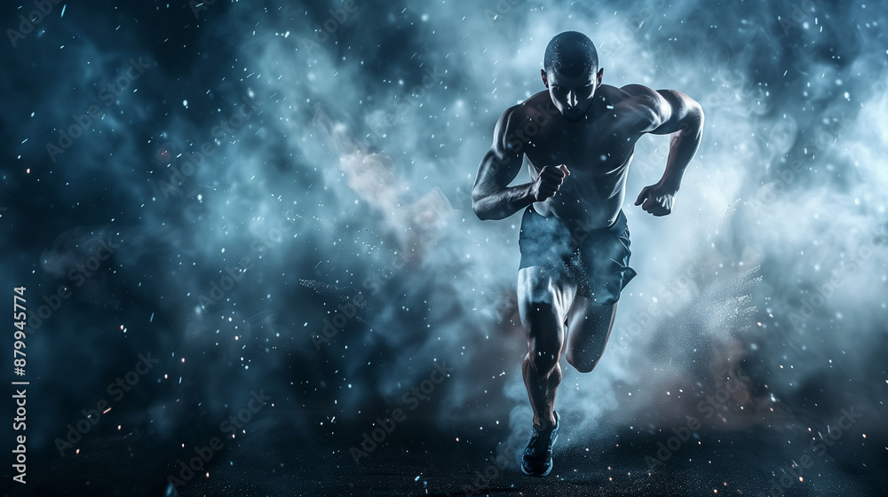 A muscular man running through dramatic blue smoke. A muscular man running through dramatic blue smoke.