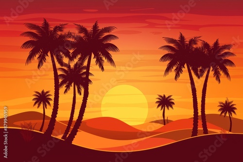 palm-tree-sunrise--silhouette-vector. Beautiful simple AI generated image in 4K, unique.