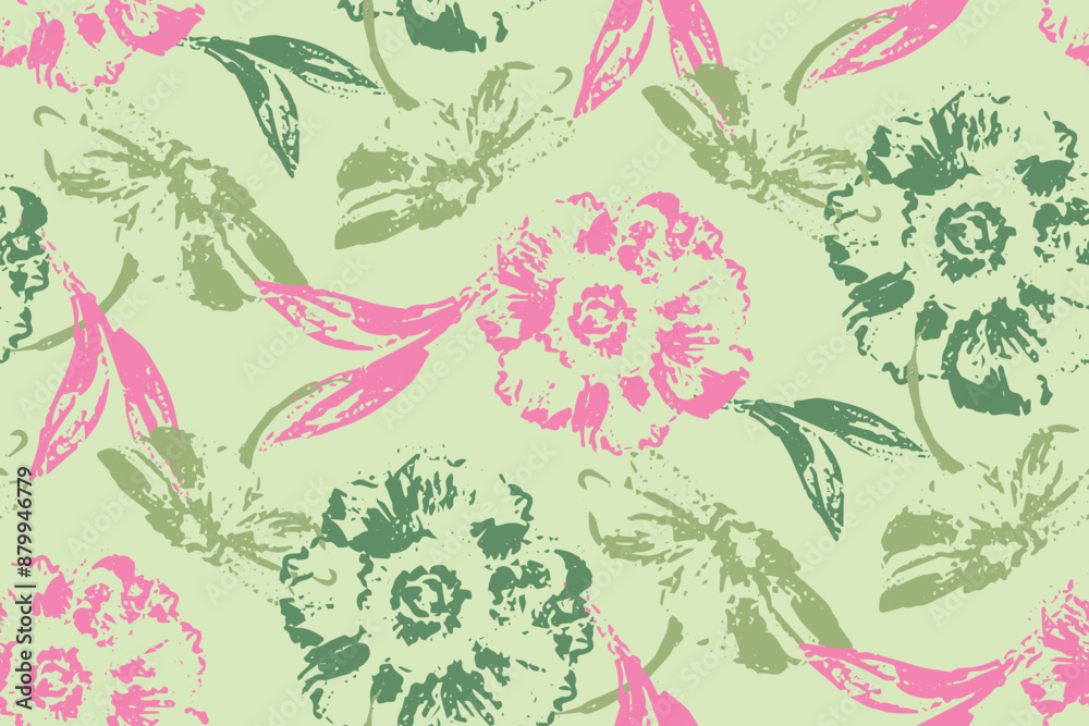 Fototapeta premium Roses seamless pattern trace. Peonies decorated traced ornament. Floral repeat pattern. Tropical grunge print