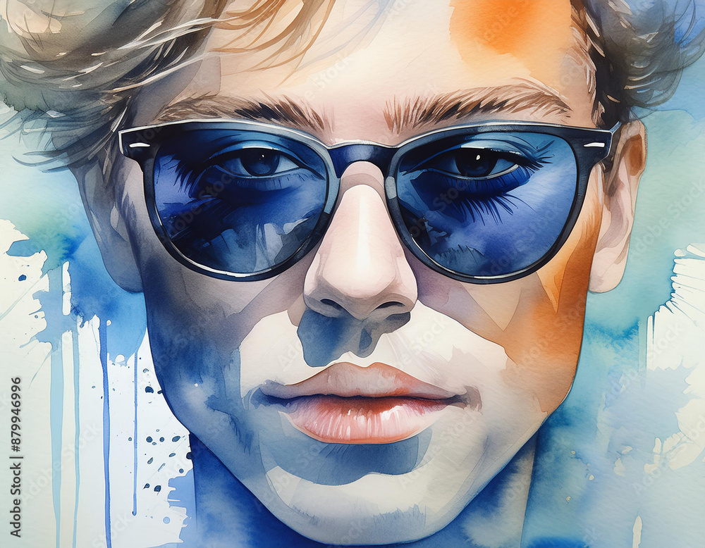 junger mann mit Sonnenbrille gemalt in aquarell junger mann mit Sonnenbrille gemalt in aquarell