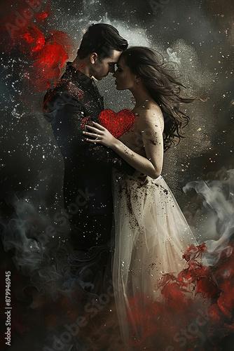 A couple embraced in a passionate hug surrounded by a magical, smoky atmosphere. The red heart between them symbolizes deep love and connection, ideal for themes of romance and intense emotions.