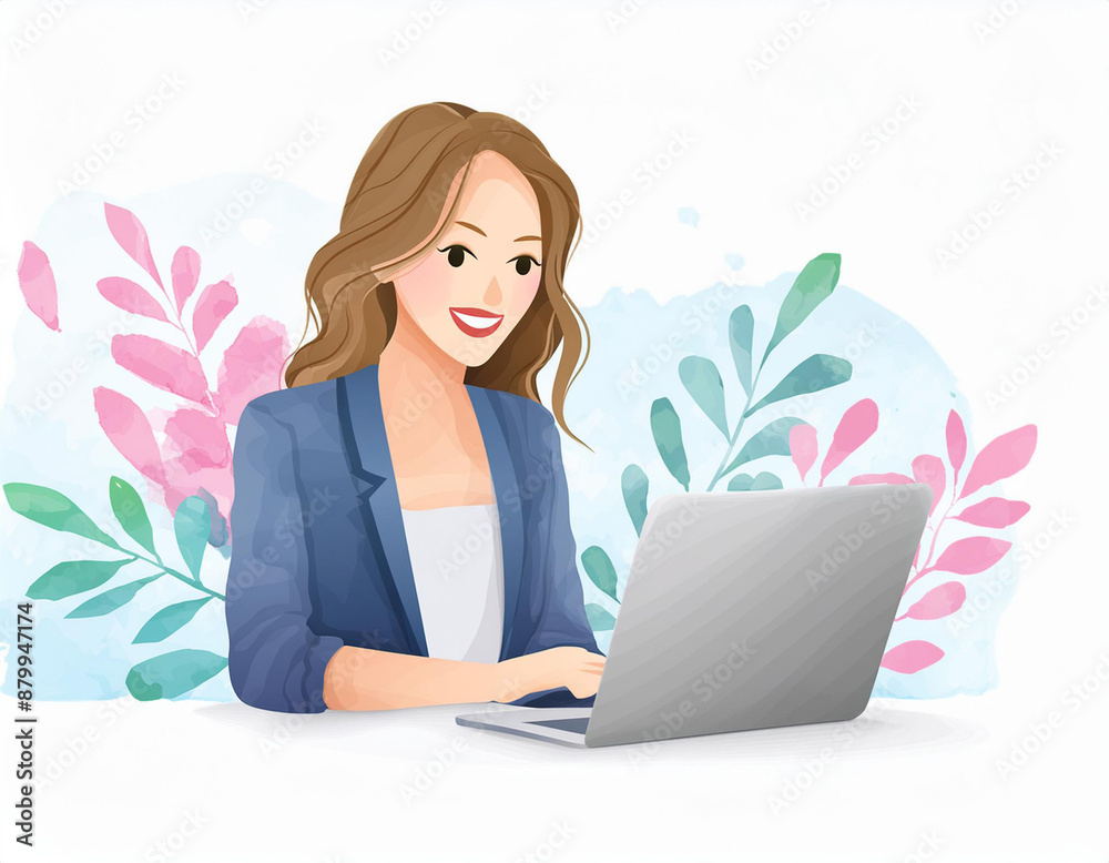 junge Frau arbeitet am Laptop einfache Illustration junge Frau arbeitet am Laptop einfache Illustration
