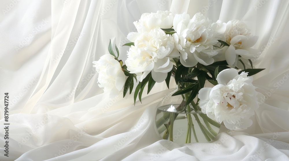 White peonies in vase on white fabric backdrop for wedding card White peonies in vase on white fabric backdrop for wedding card