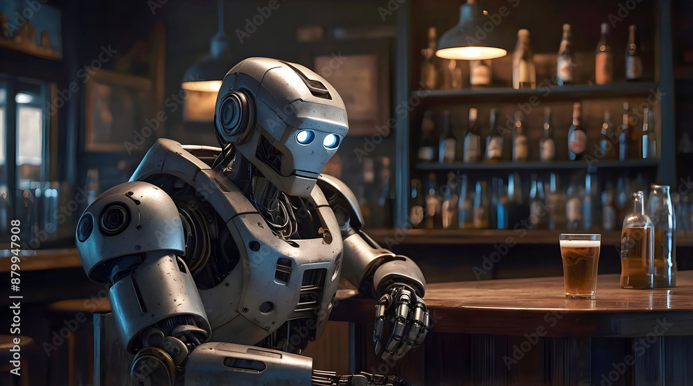 Sad looking lonely robot android drinking pint of beer in pub, ai concept, artificial intelligence background, cinematic Sad looking lonely robot android drinking pint of beer in pub, ai concept, artificial intelligence background, cinematic