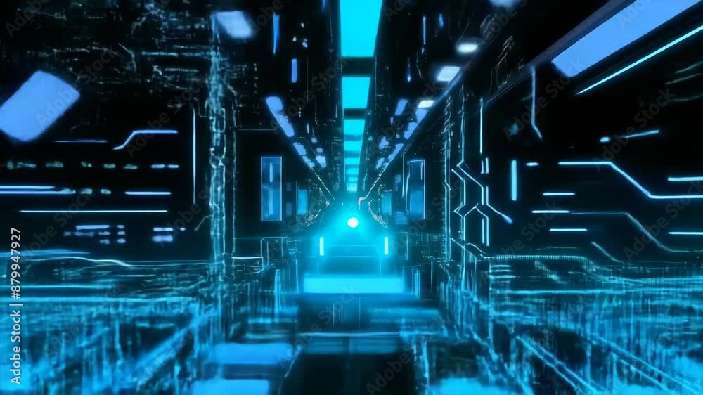 Futuristic abstract cyber cityscape with neon blue lights, glowing circuits, and digital pathways in a sci-fi environment Futuristic abstract cyber cityscape with neon blue lights, glowing circuits, and digital pathways in a sci-fi environment