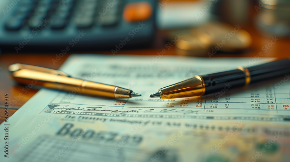 Economy and finance background, money coins, pen and stocks market graphs, pen resting on a piece of paper with bokeh lights in the background Economy and finance background, money coins, pen and stocks market graphs, pen resting on a piece of paper with bokeh lights in the background