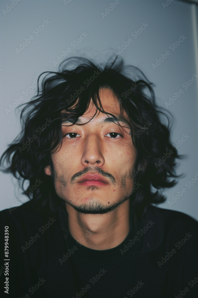 Japanese Man with Long Black Hair and Intense Gaze Japanese Man with Long Black Hair and Intense Gaze