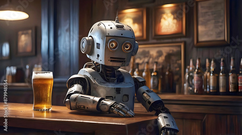 Obraz na płótnie Sad looking lonely robot android drinking pint of beer in pub, ai concept, artificial intelligence background, cinematic w salonie